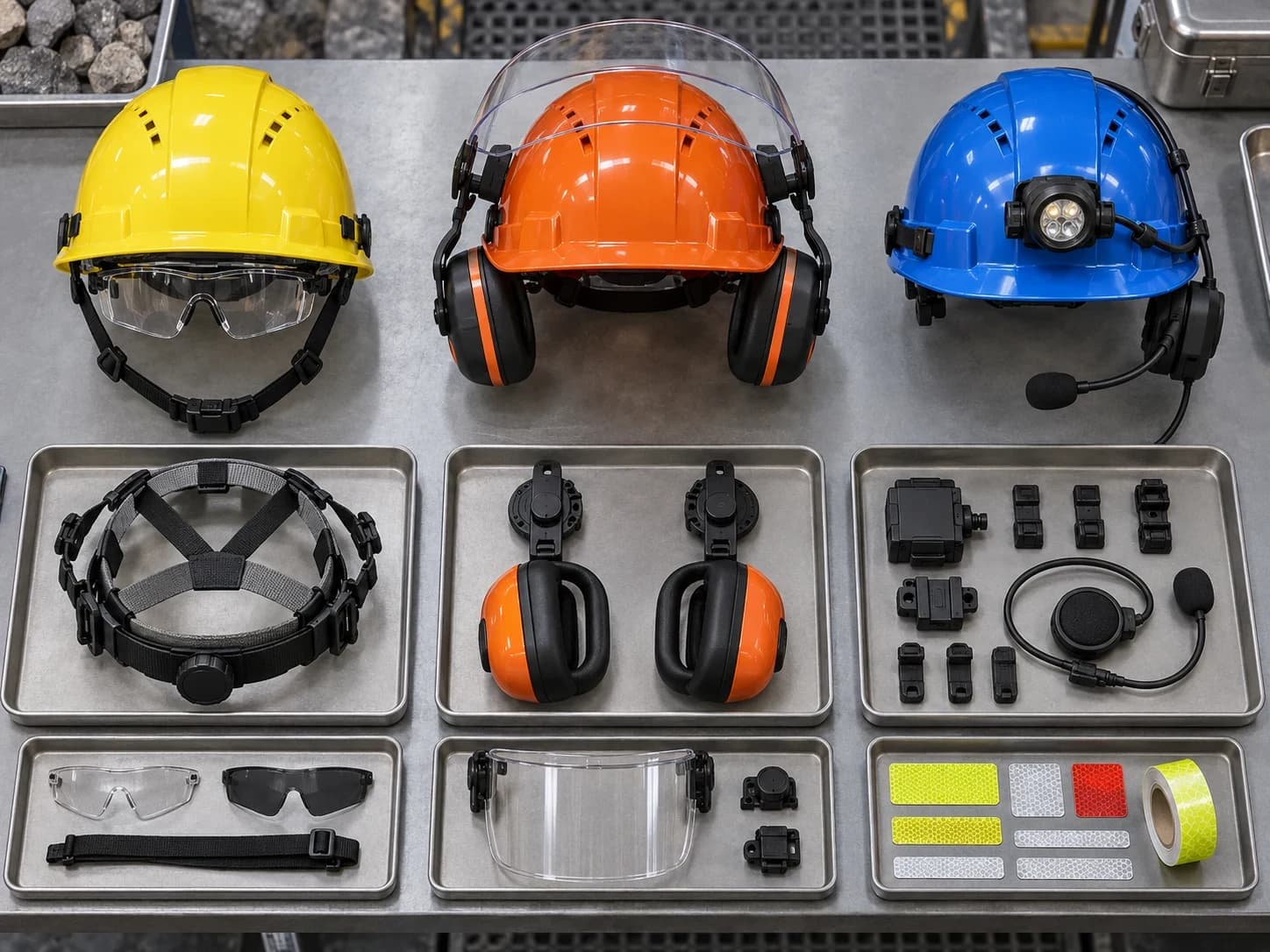 Helmet, earmuff, eyewear, visor, respirator, communication, lamp, cable, and retention interfaces should be tested together.