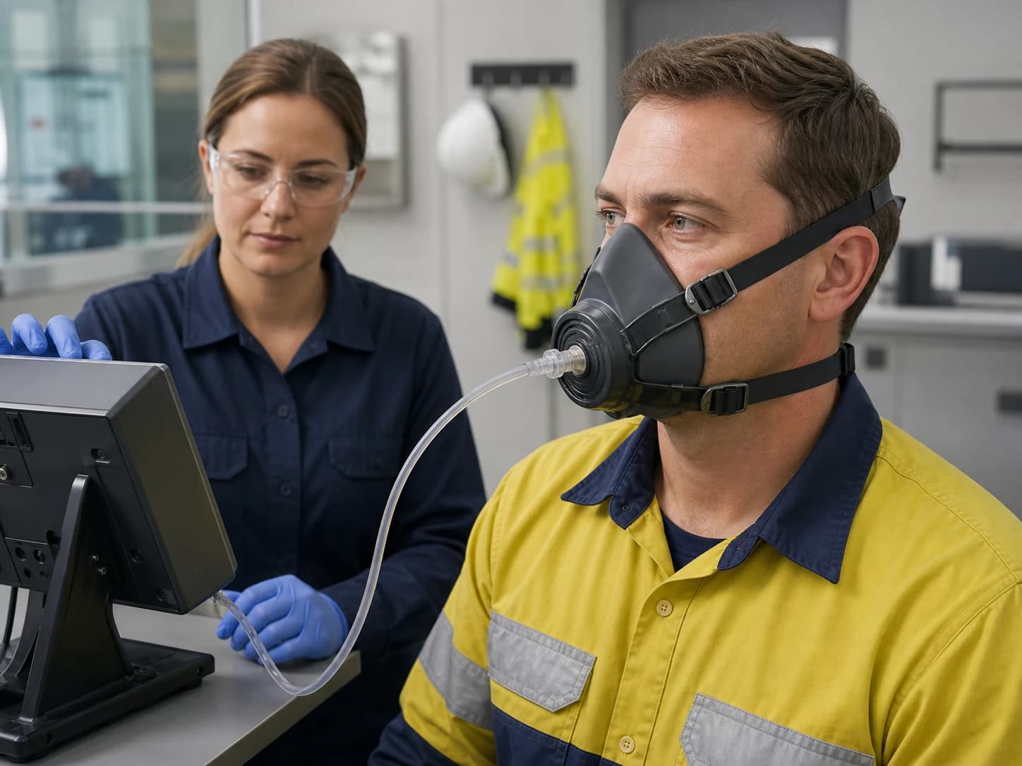 Fit testing qualifies a specific tight-fitting model and size, while the wearer performs a seal check each time the respirator is donned.