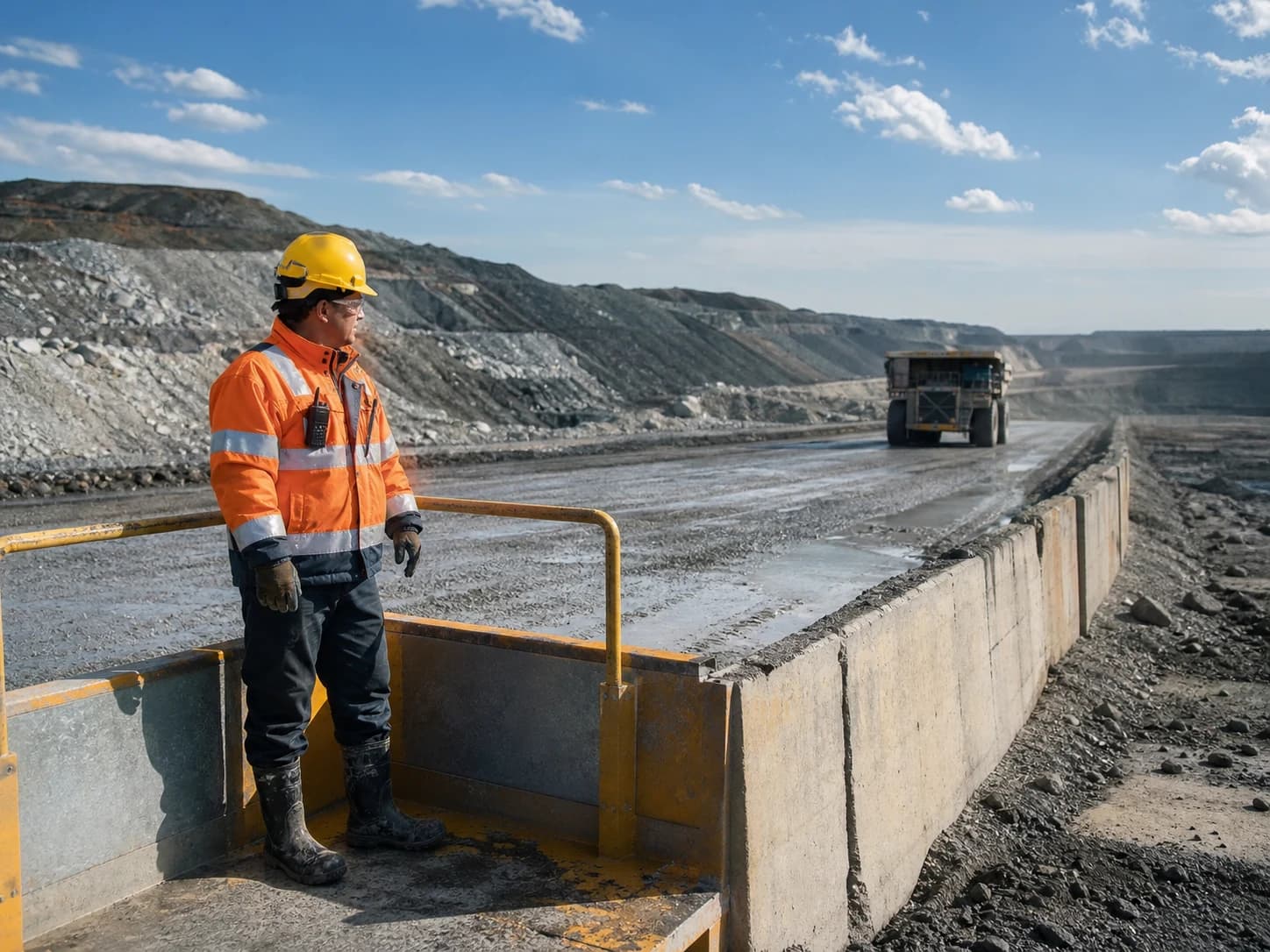 Open-pit PPE decisions account for haul-truck blind areas, outside-cab exposure, long routes, terrain, glare, wind, rain, heat, cold, and night work.