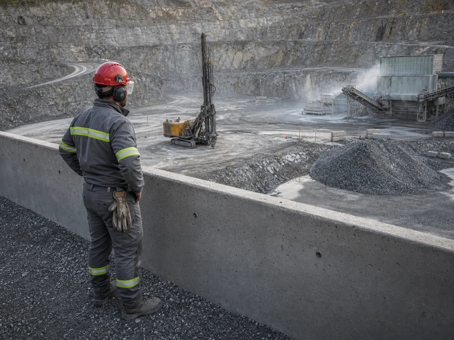 Quarry PPE changes as workers move between benches, drilling, blast boundaries, loaders, crushers, wet suppression, contractors, and public interfaces.