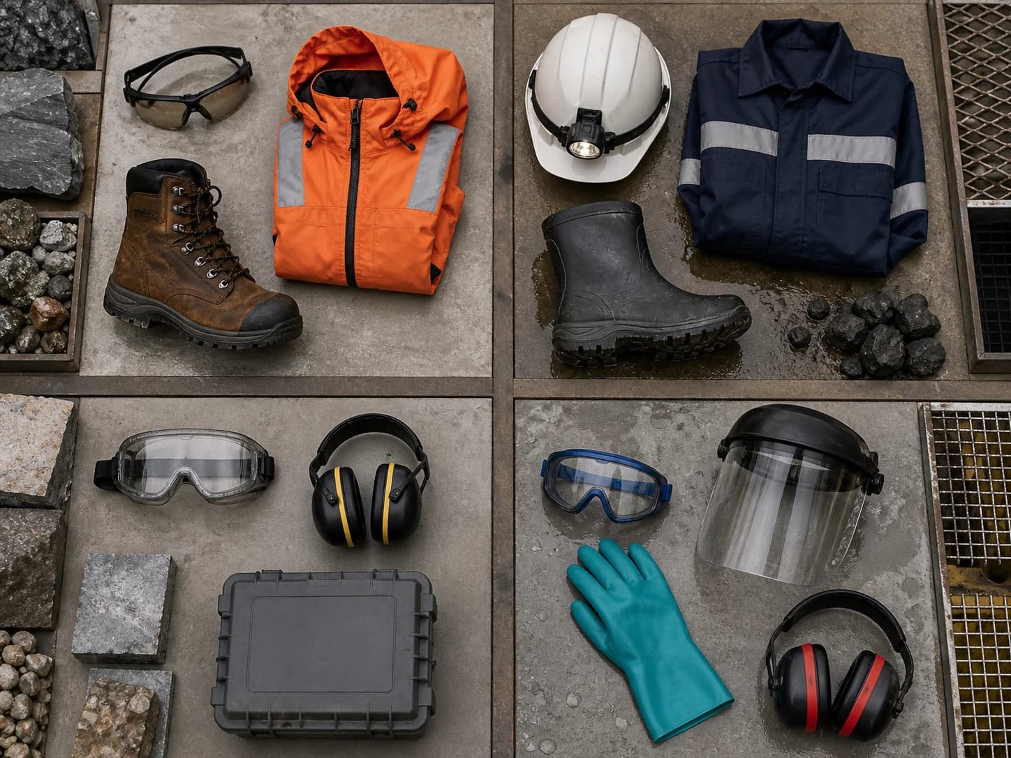 A four-area comparison separates the environment, residual hazards, PPE specification, and non-PPE controls for open pits, underground mines, quarries, and processing plants.