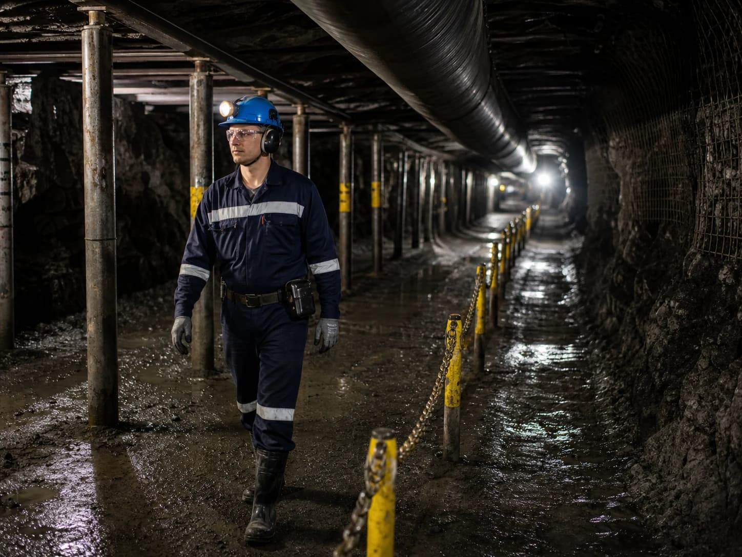 Underground selection treats the helmet, lamp, retention, eyewear, hearing, radio, visibility, respiratory protection, and escape equipment as compatible but separately controlled systems.