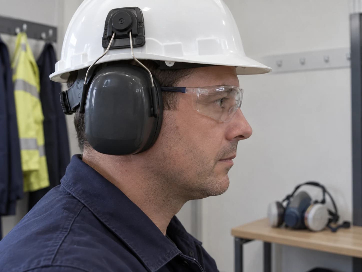 Check eyewear and earmuff interfaces in a clean fitting area. This illustrative setup does not establish compatibility or hearing attenuation.