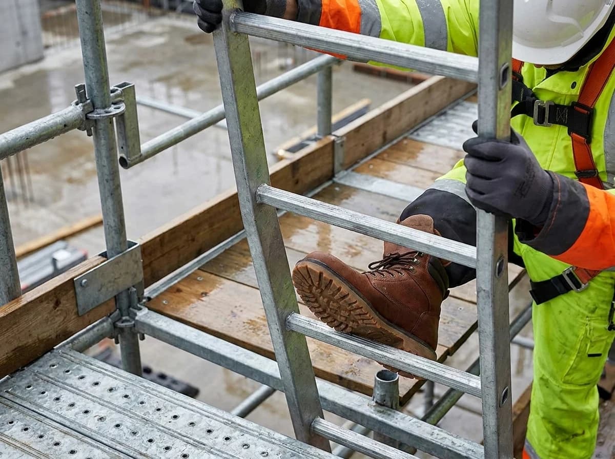 Scaffold footwear needs reliable grip on ladders, platforms, planks, mud, wet decks, and uneven access points.