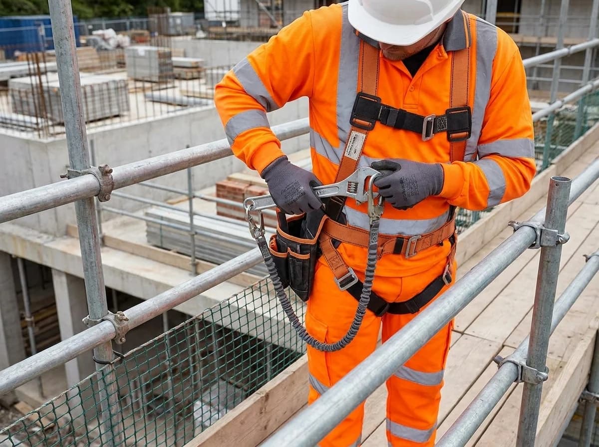 Tool tethering helps reduce dropped-object risk when scaffold work happens above other workers or public areas.