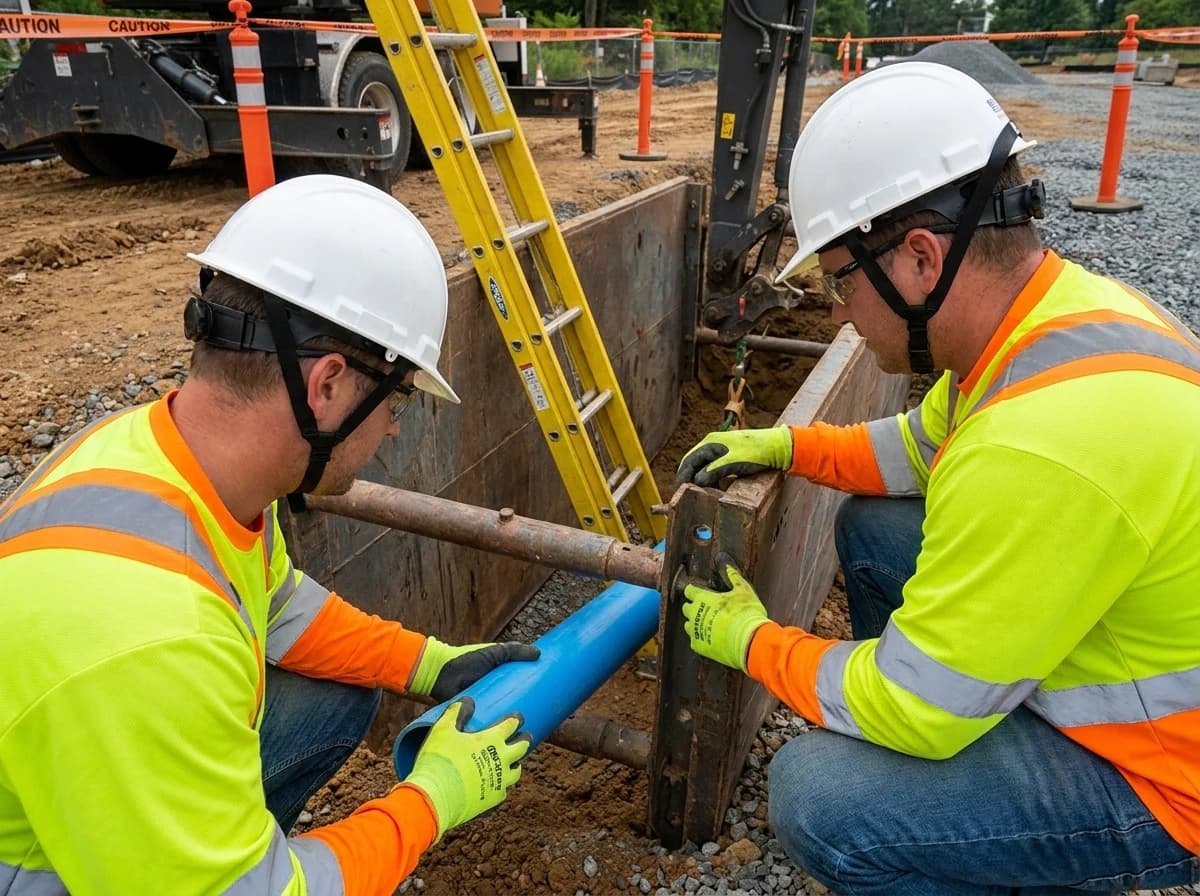 Head protection has to account for equipment movement, spoil piles, pipe handling, ladders, shoring, and edge work.