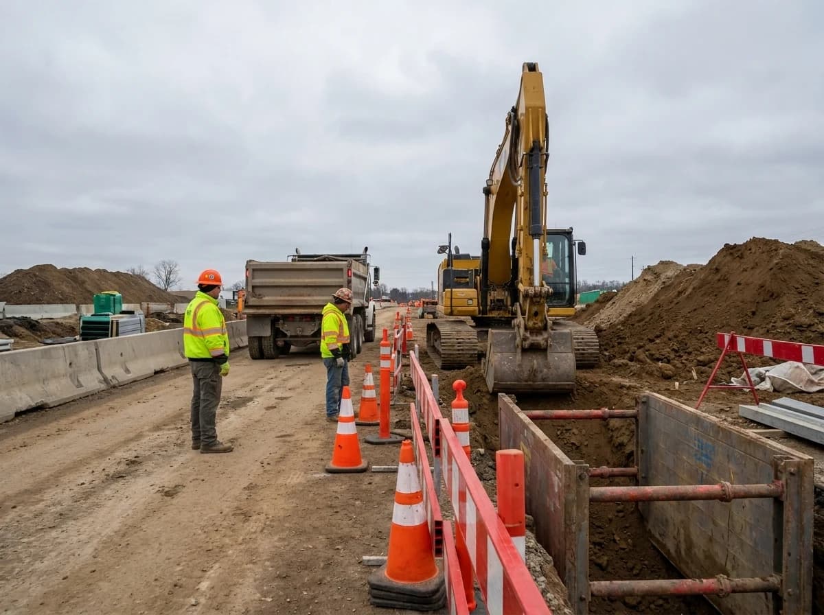 High-visibility clothing helps trench crews remain visible around excavators, loaders, dump trucks, spotters, and traffic.