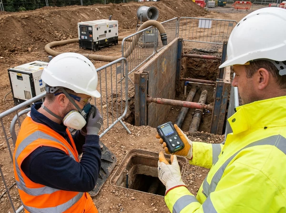 Dust, fumes, utility work, and confined or low-lying areas can make respiratory and atmospheric review part of trench planning.