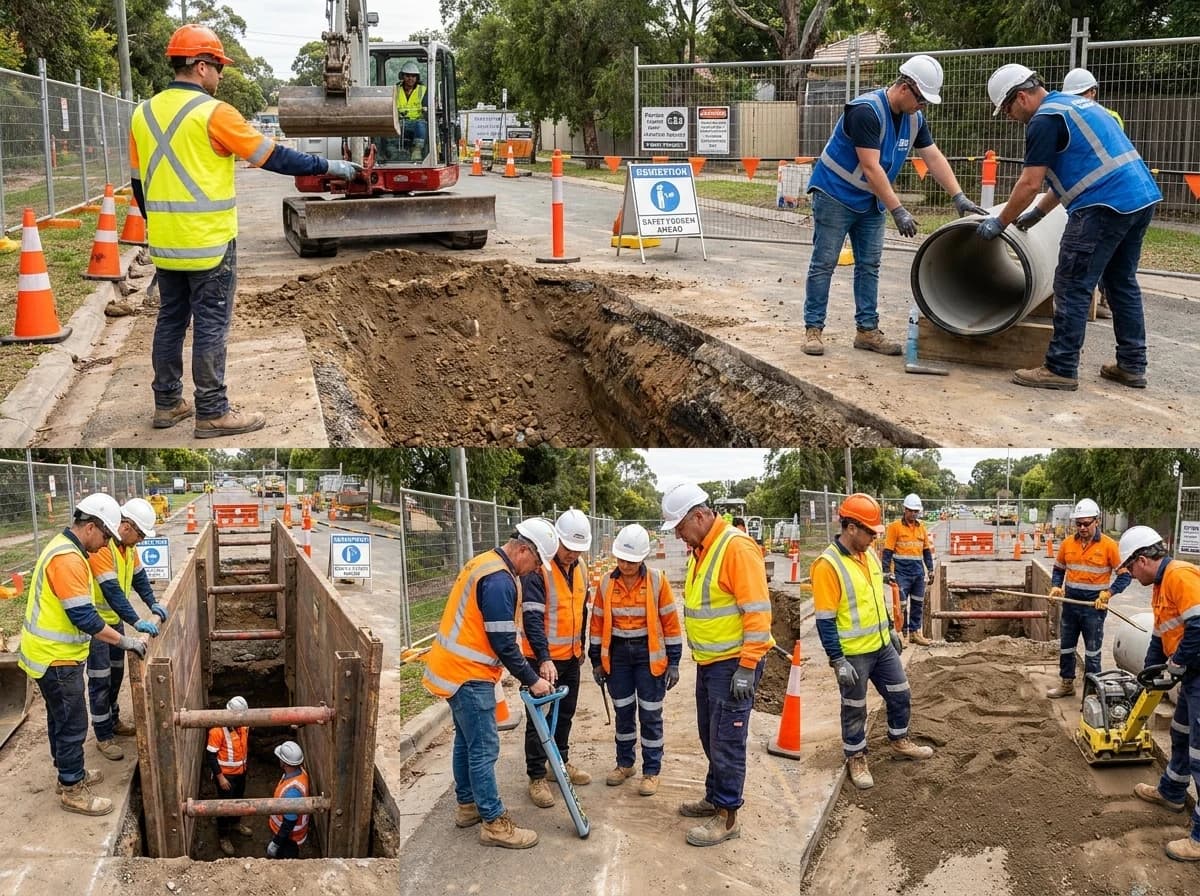 A task-based PPE matrix helps supervisors separate excavation setup, pipe work, shoring, equipment spotting, and backfill.