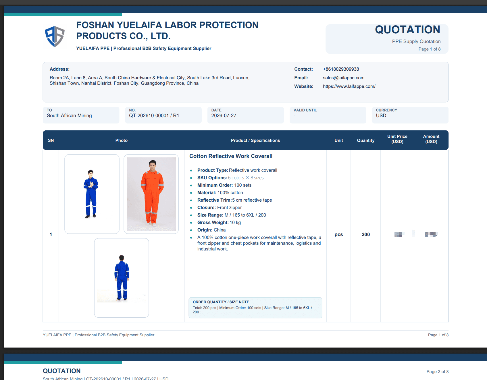 Quotation example screenshot showing a cotton reflective work coverall line item, with prices obscured.