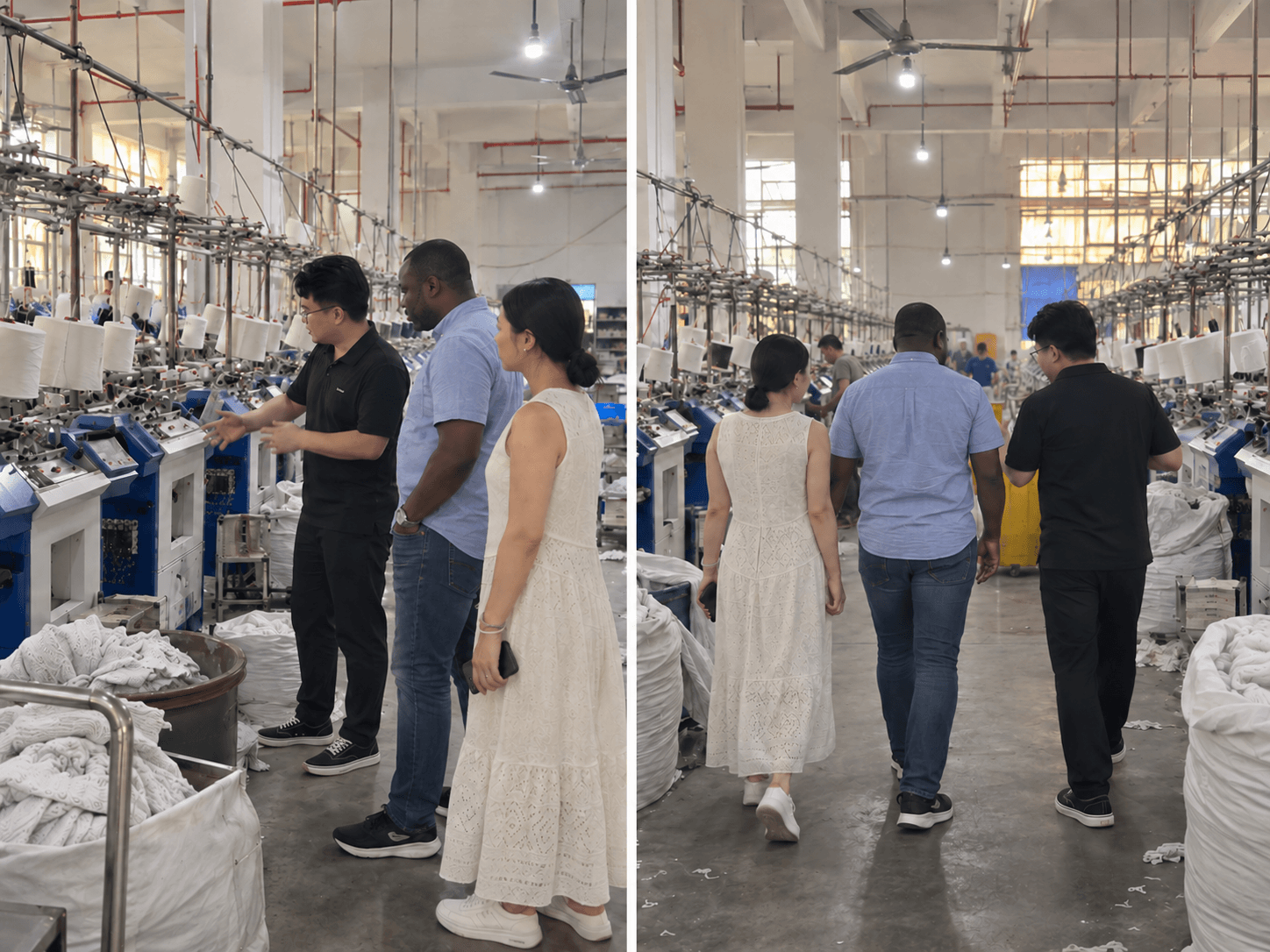 Two views of the buyer visiting a glove production workshop.