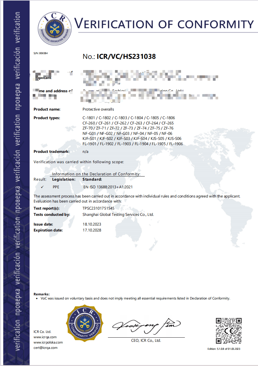 Screenshot of an ICR voluntary conformity document for protective workwear.