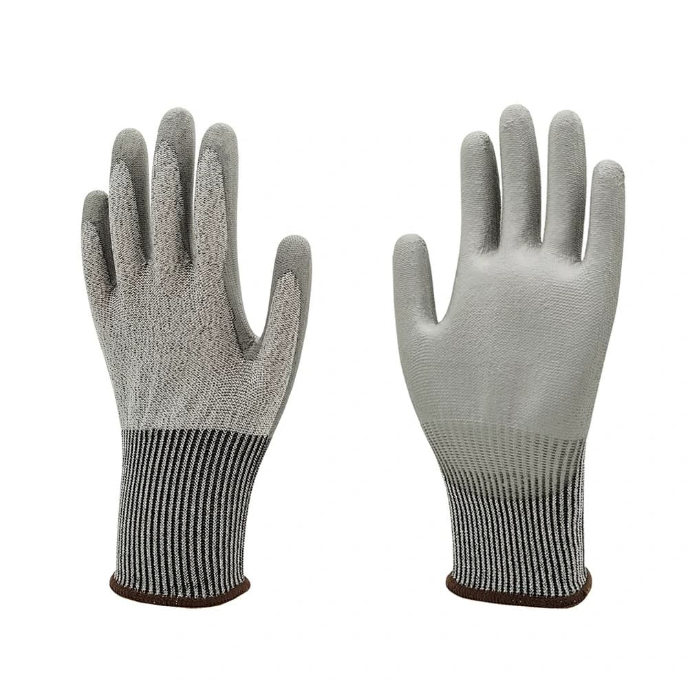 Grey cut-resistant PU-coated work gloves, palm and back views