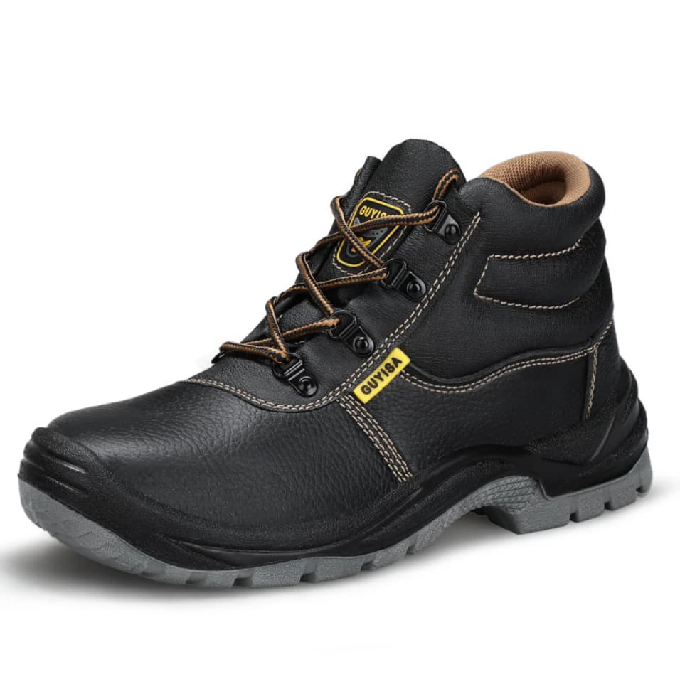 Black high-cut cowhide steel toe safety shoe, three-quarter view