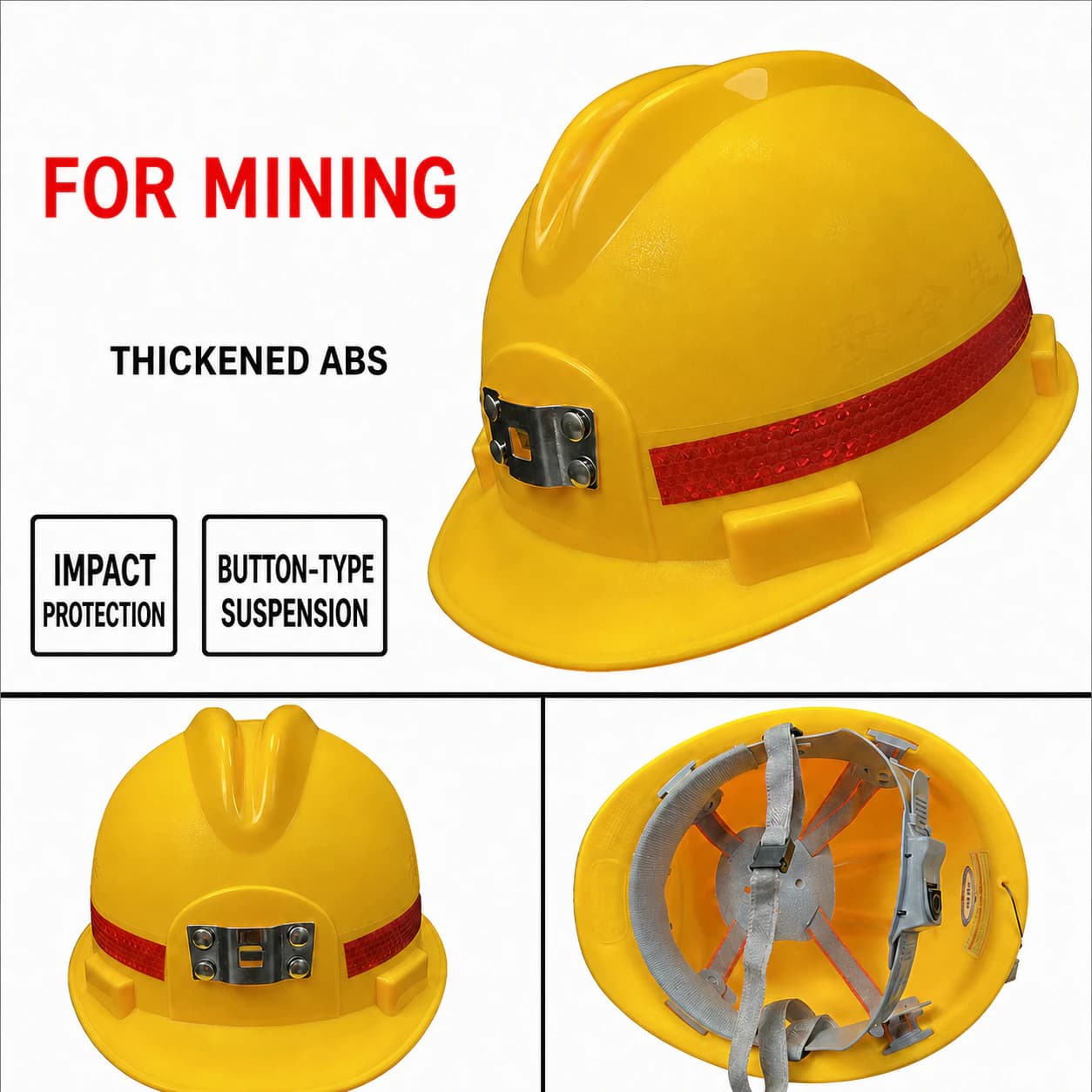 Yellow mining safety helmet with red reflective strip