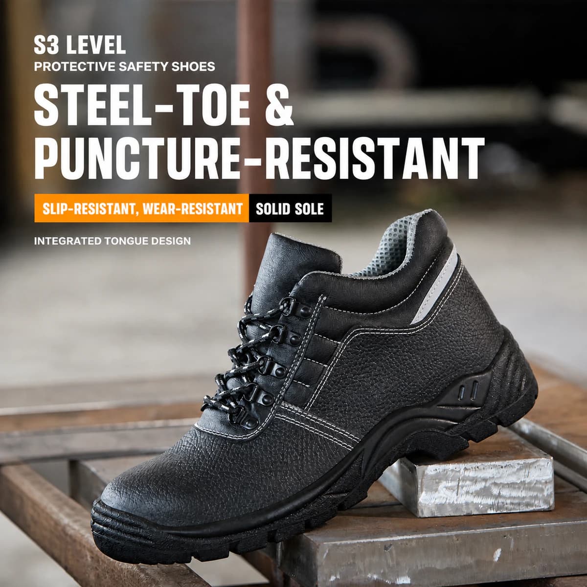 Black S3 SR slip-resistant steel-toe antistatic safety shoes