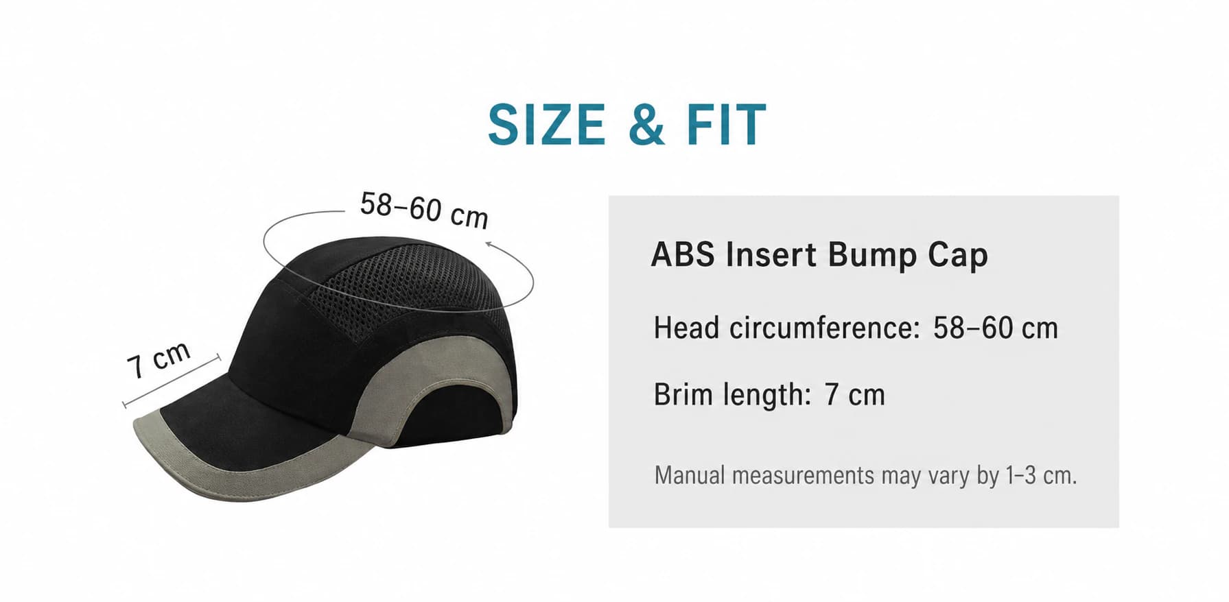 58-60 cm head circumference and 7 cm curved brim
