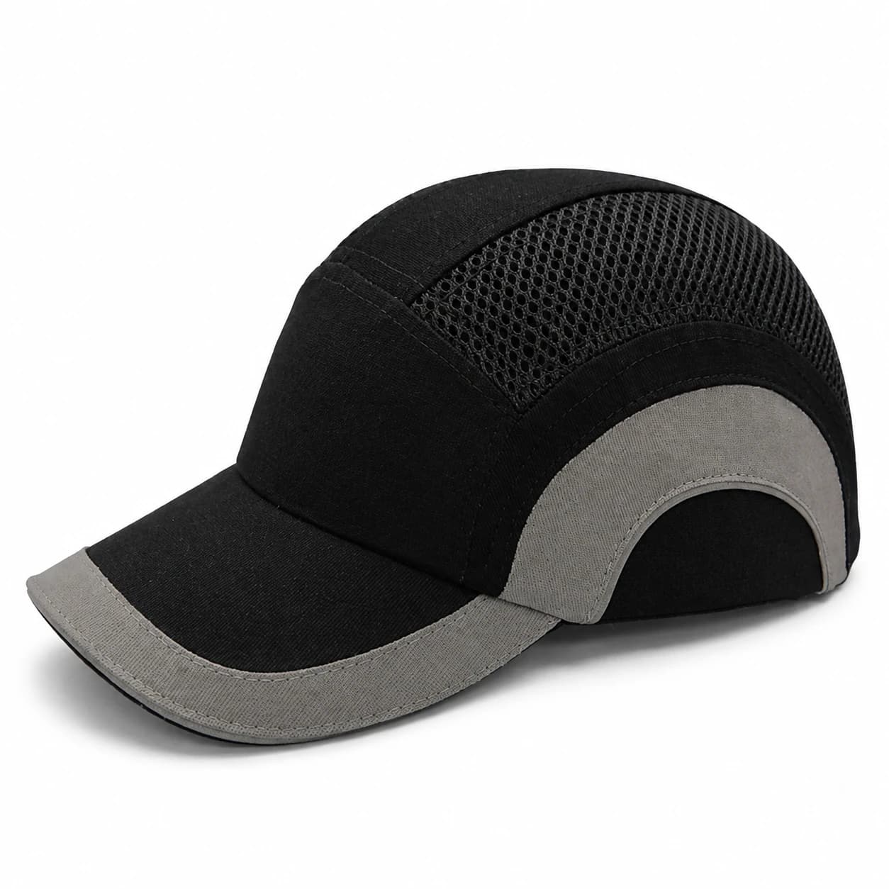 Grey and black ABS insert bump cap with side mesh ventilation