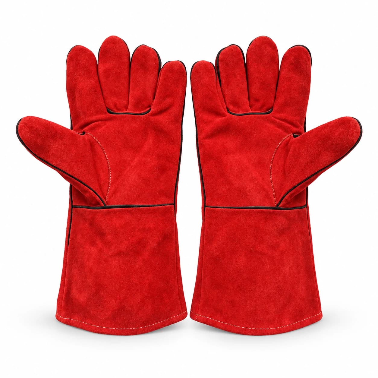 Red split cowhide welding glove pair with long cuffs