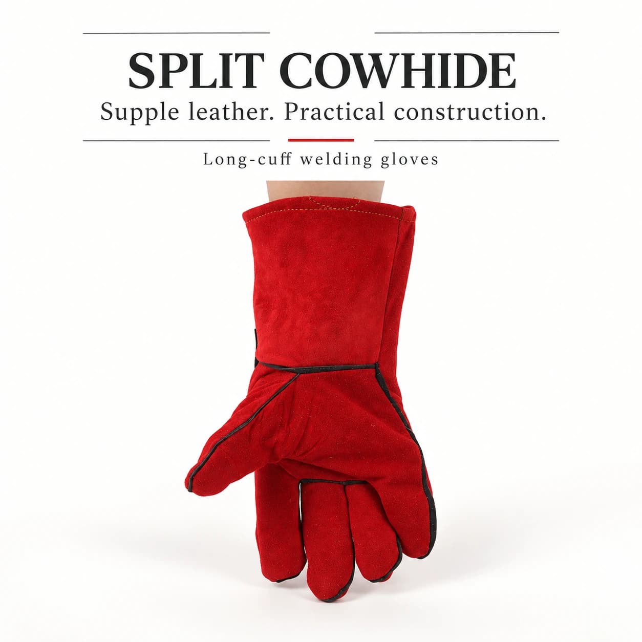 Split cowhide leather construction of long-cuff welding gloves