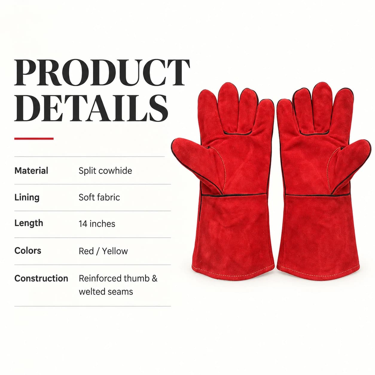 Welding glove material, lining, length, colors and construction