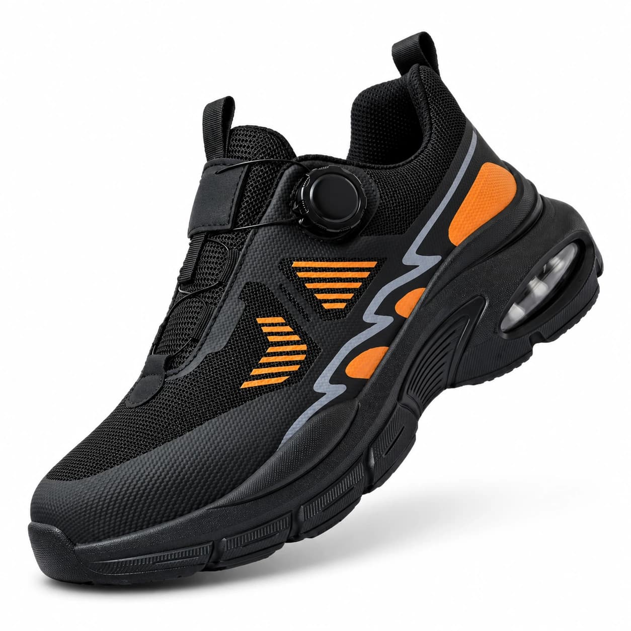 Black and orange air-cushioned knit safety shoes