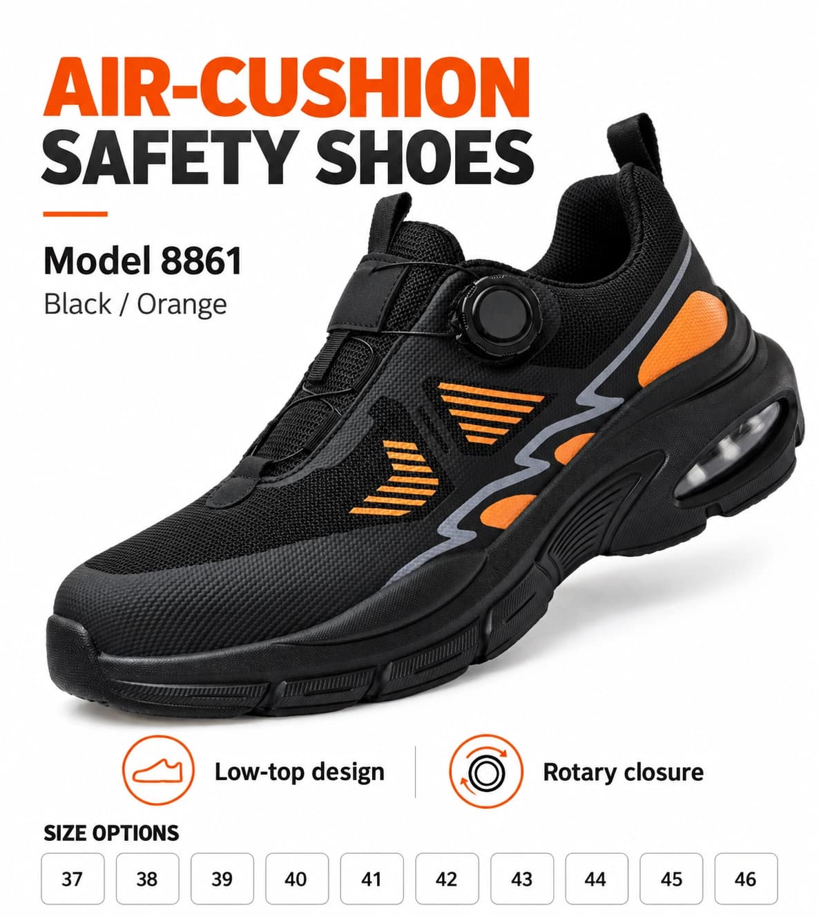 Model 8861 black and orange shoe size options 37-46