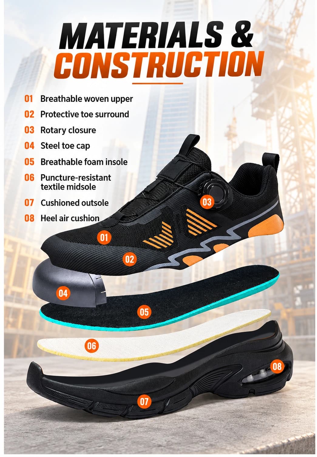 Safety shoe construction and protective layers