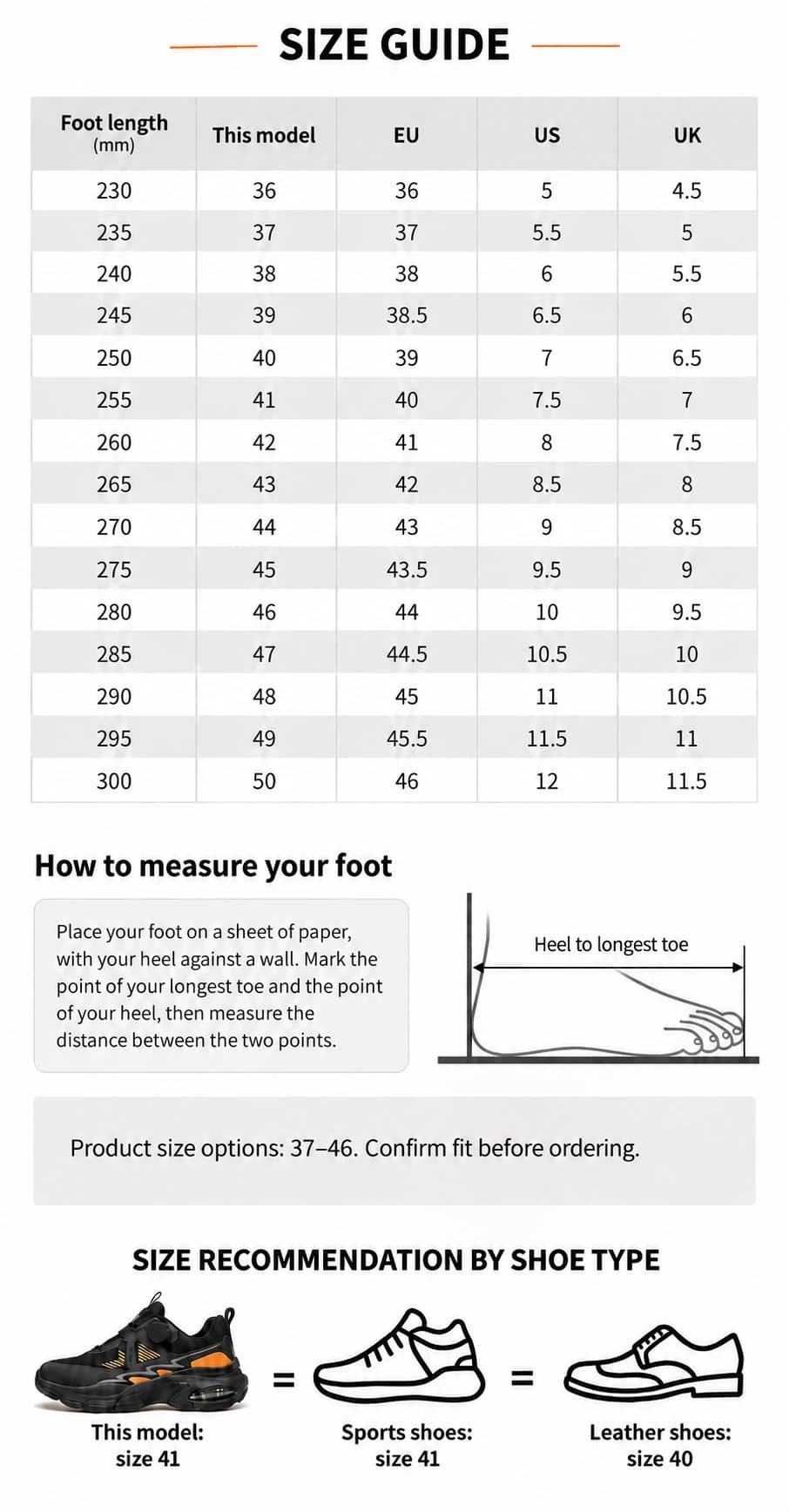 Foot length and shoe size guide