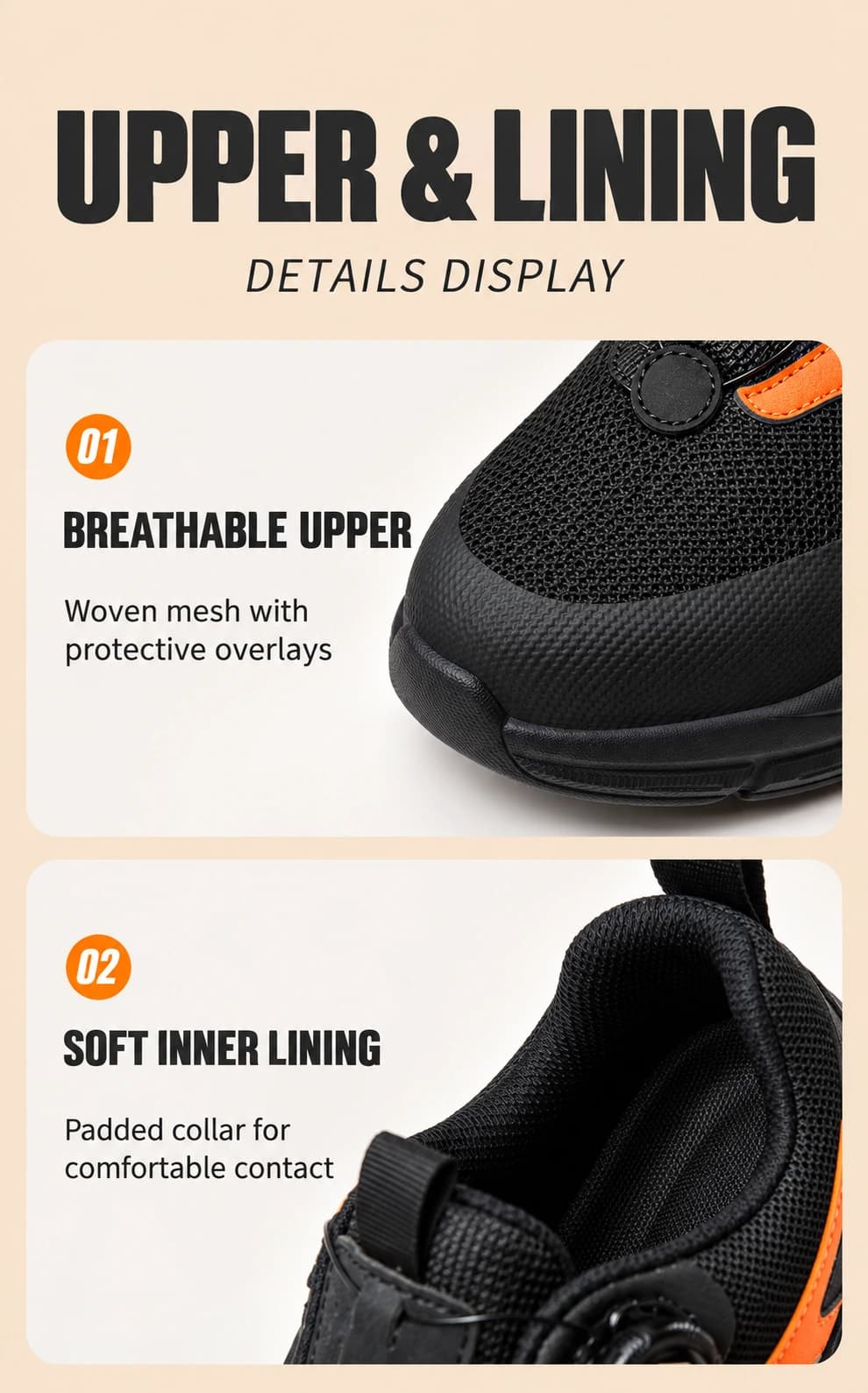 Breathable upper and soft lining details