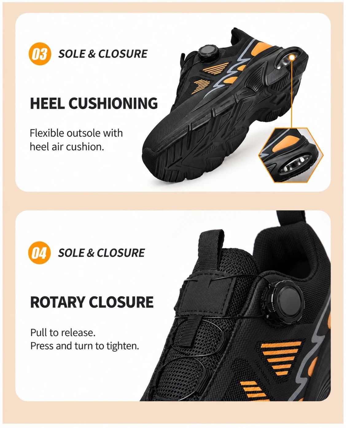 Outsole and rotary closure details