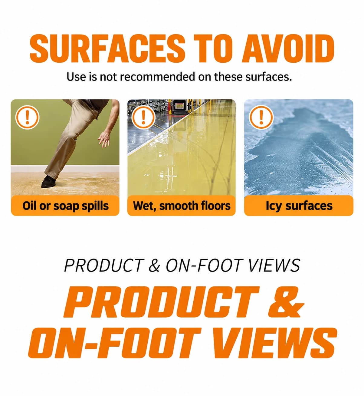 Use limitations for wet, oily, soapy and icy surfaces