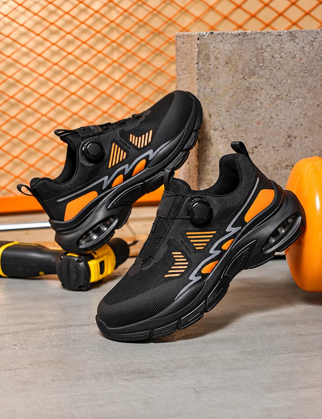 Black and orange safety shoe pair in a workshop setting