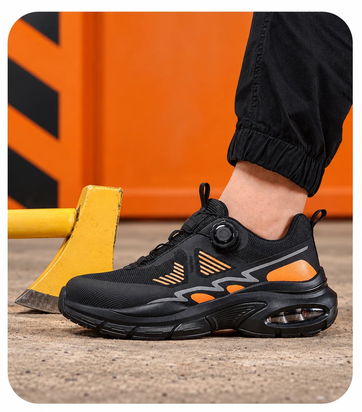Protective toe construction in a workshop scene