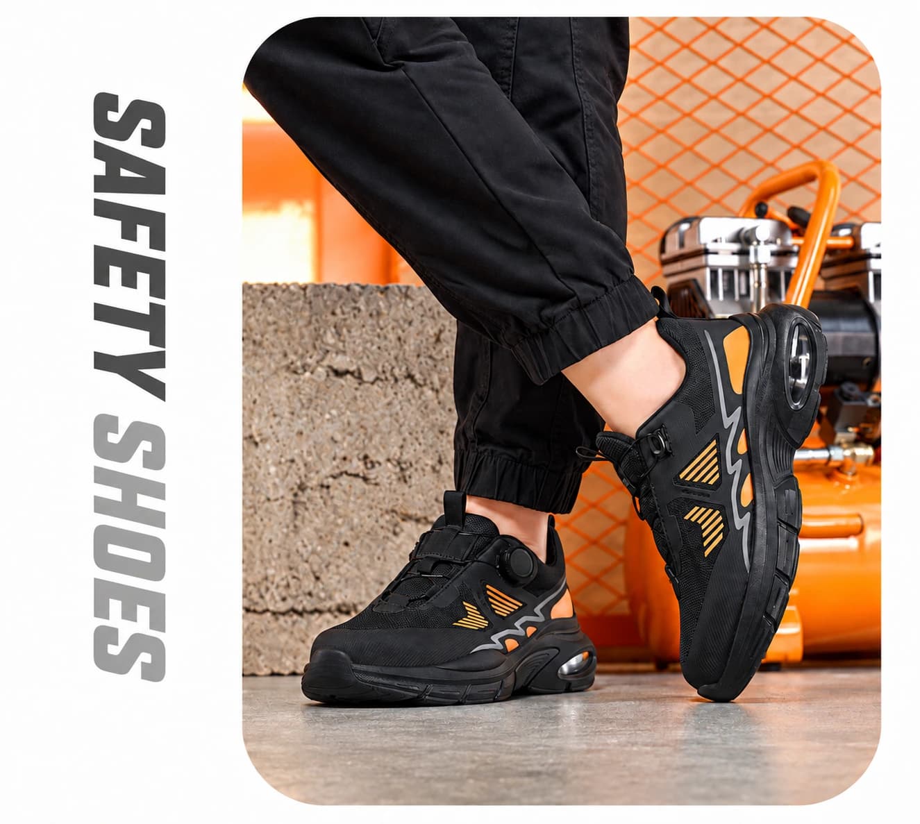 On-foot side view of black and orange safety shoes