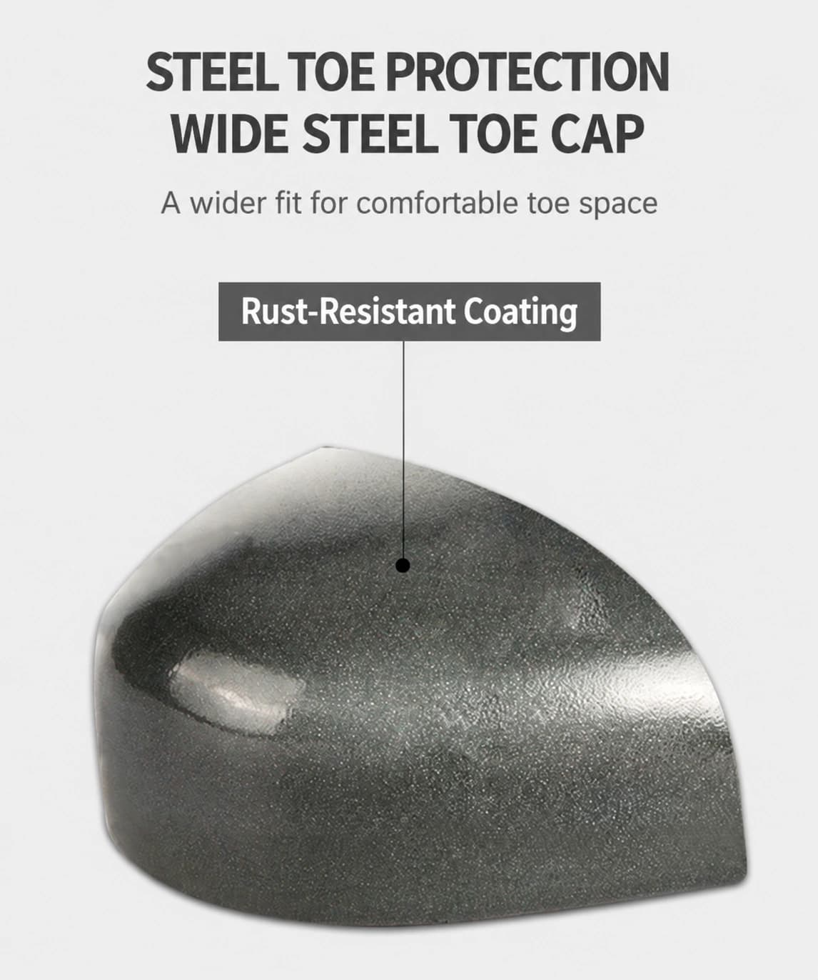 Wide steel toe cap with rust-resistant coating