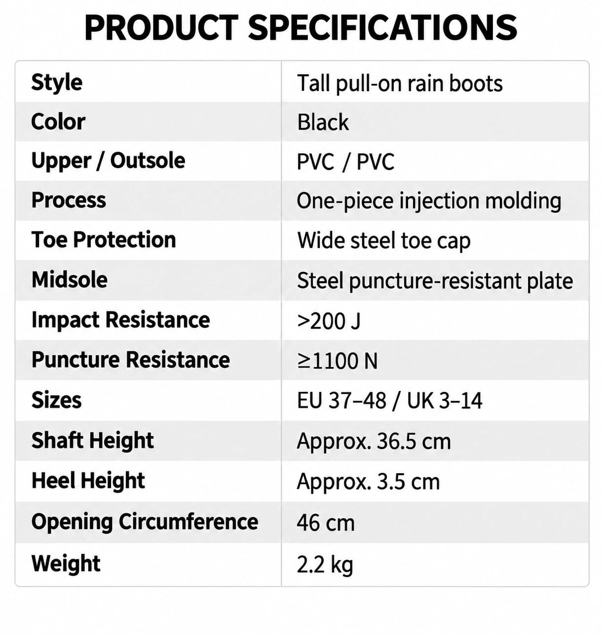 Tall PVC safety rain boot specifications