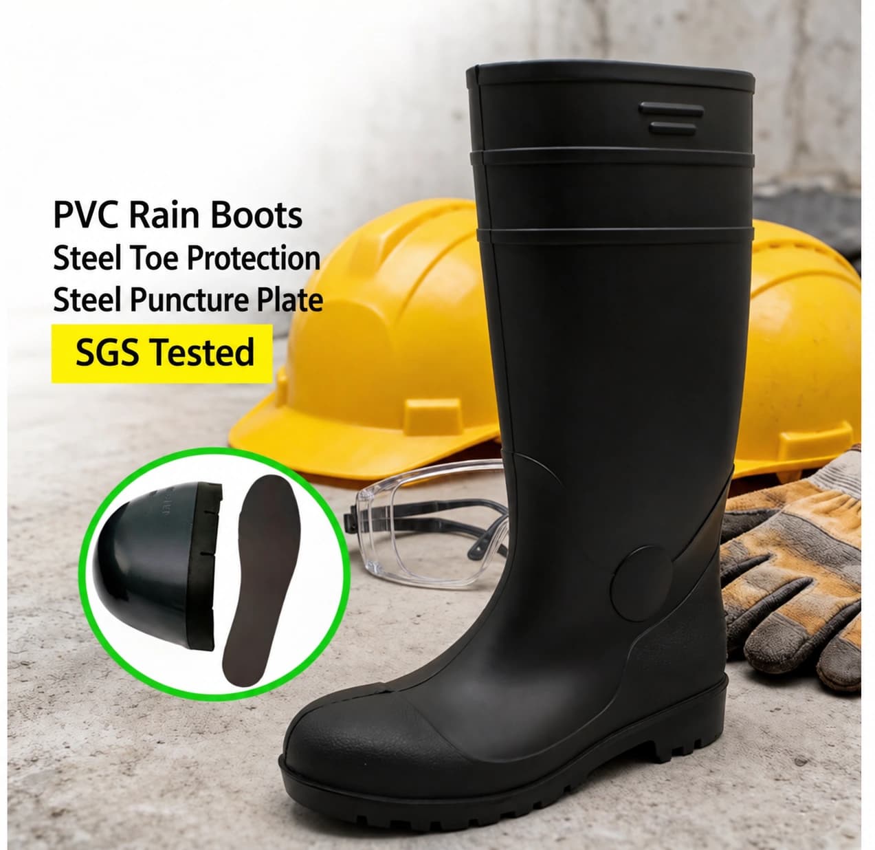PVC rain boot with steel toe and steel midsole