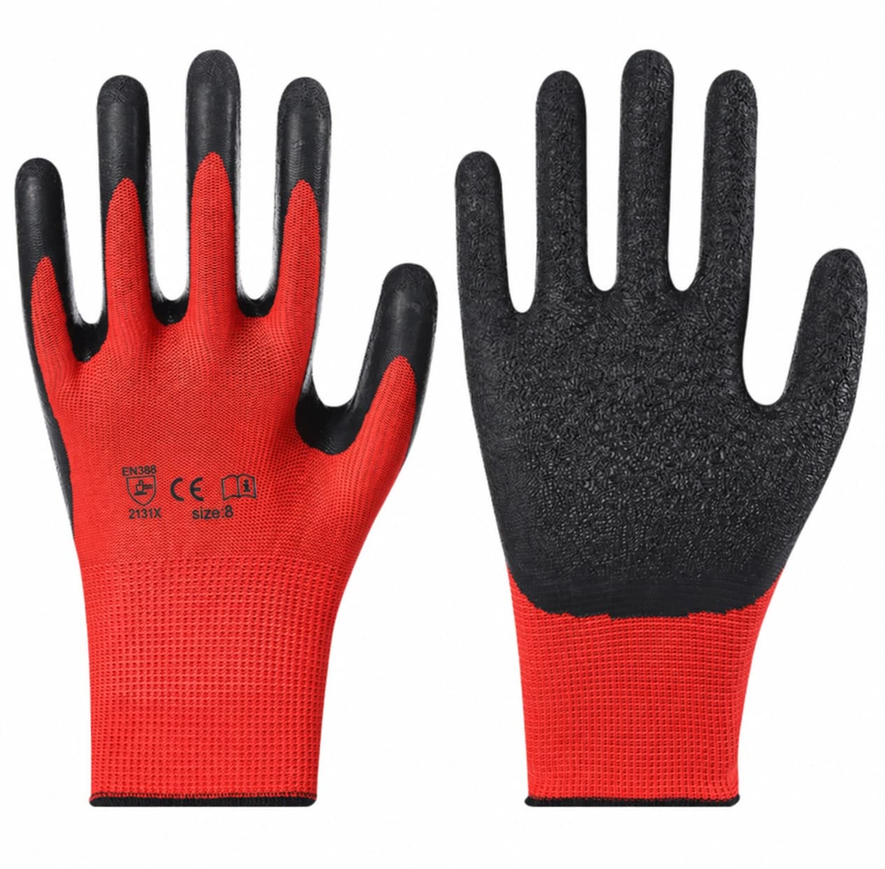 Red and black latex crinkle work gloves, palm and back views