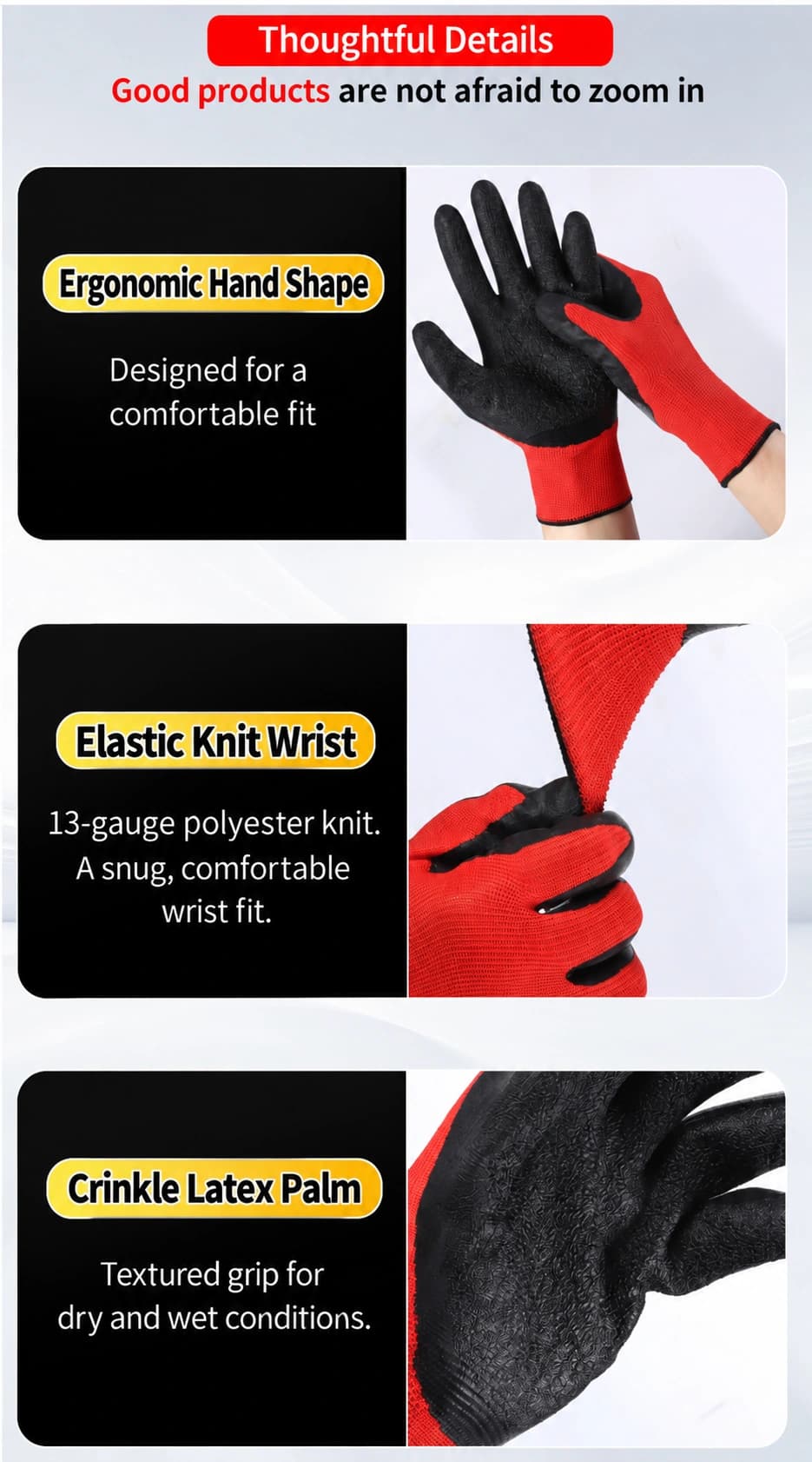 Ergonomic shape, elastic wrist and crinkle grip details