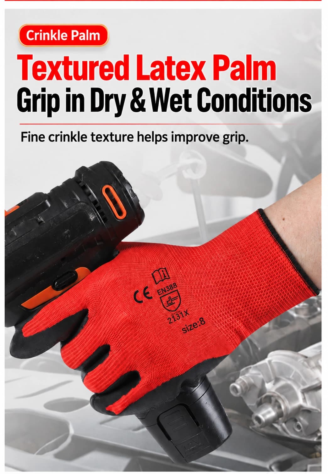 Textured latex palm for dry and wet grip