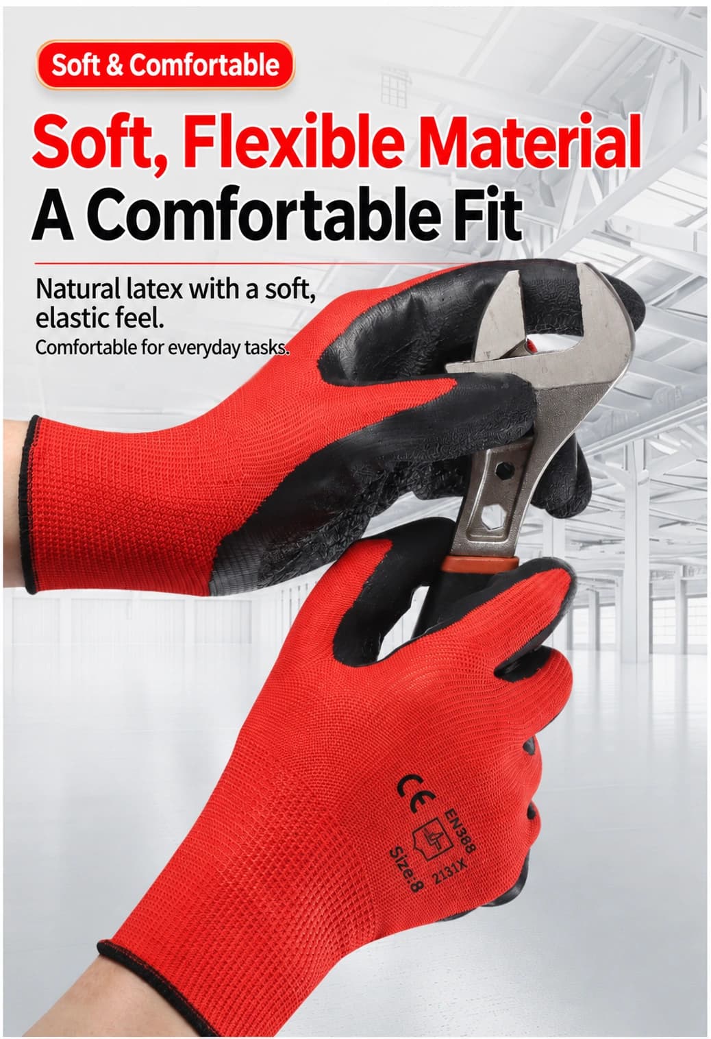 Soft flexible latex gloves holding a wrench