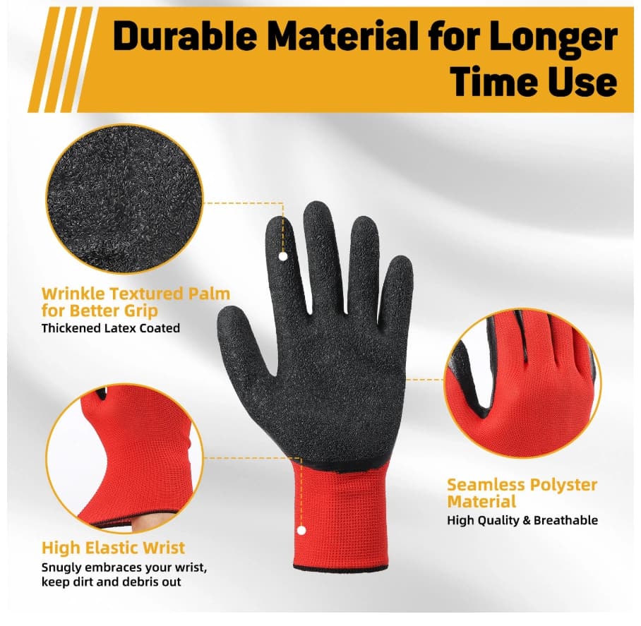 Crinkle latex palm, polyester liner and elastic wrist