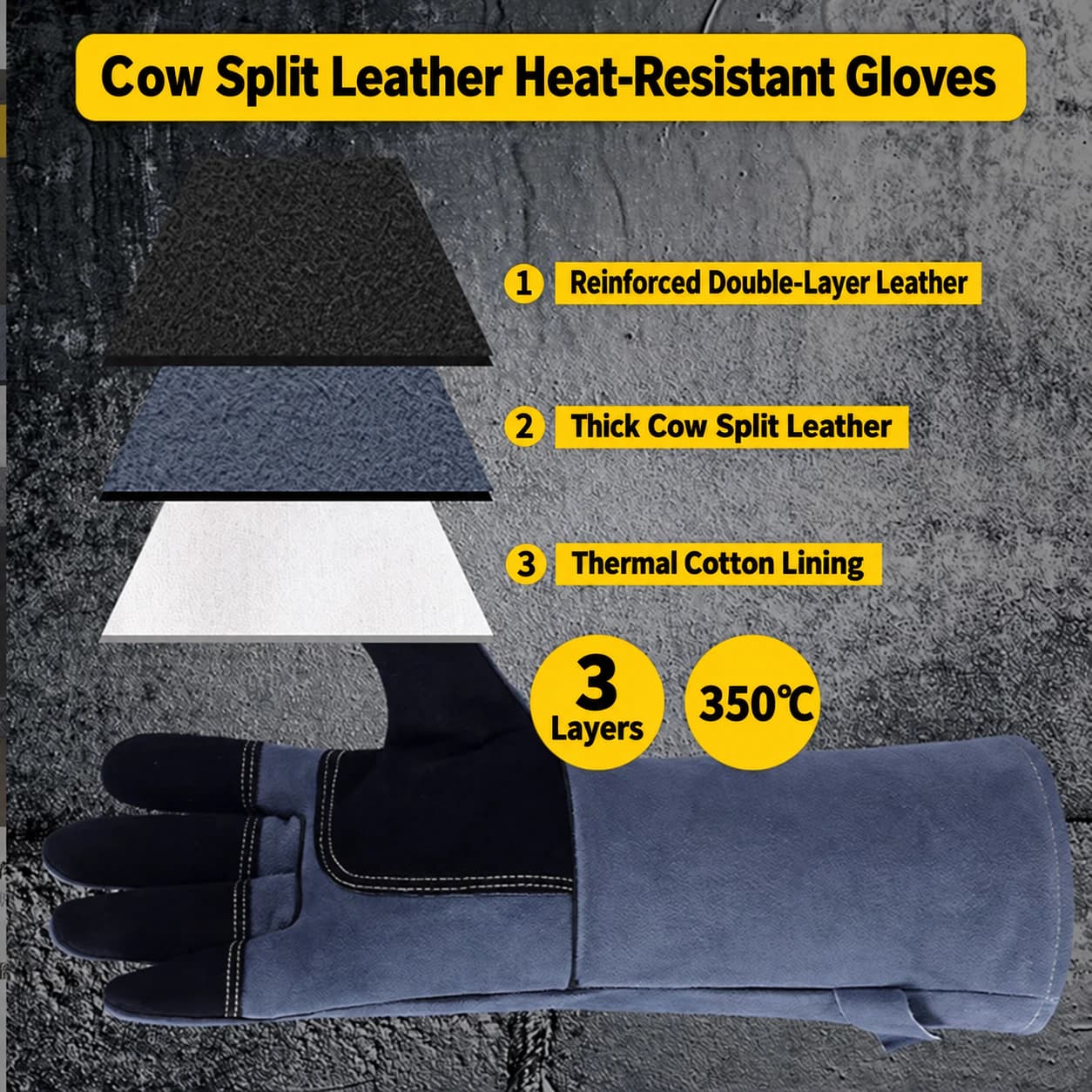 Three-layer glove construction with reinforced leather and thermal cotton lining