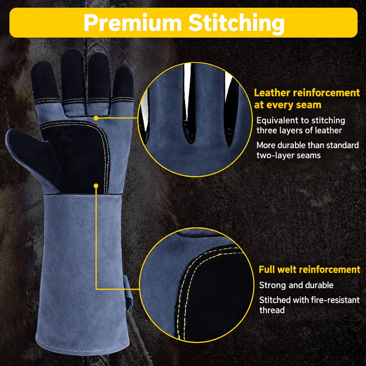 Leather-reinforced seams and fire-resistant thread stitching details
