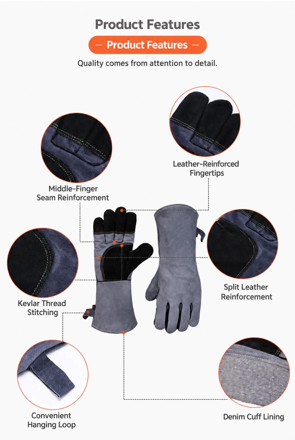 Reinforced fingertips, palm, Kevlar thread, hanging loop and denim cuff lining