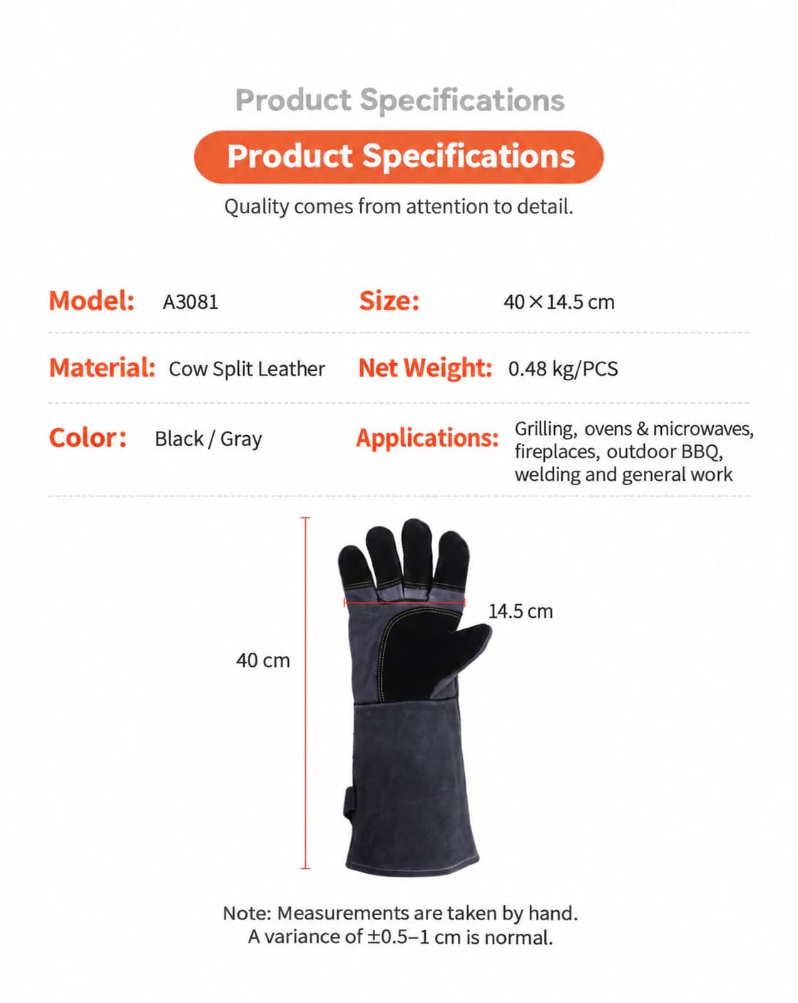 A3081 glove specifications and 40 by 14.5 cm dimensions