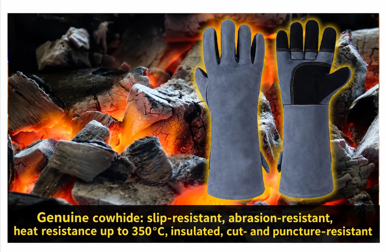 Cow split leather heat-resistant gloves shown near burning charcoal