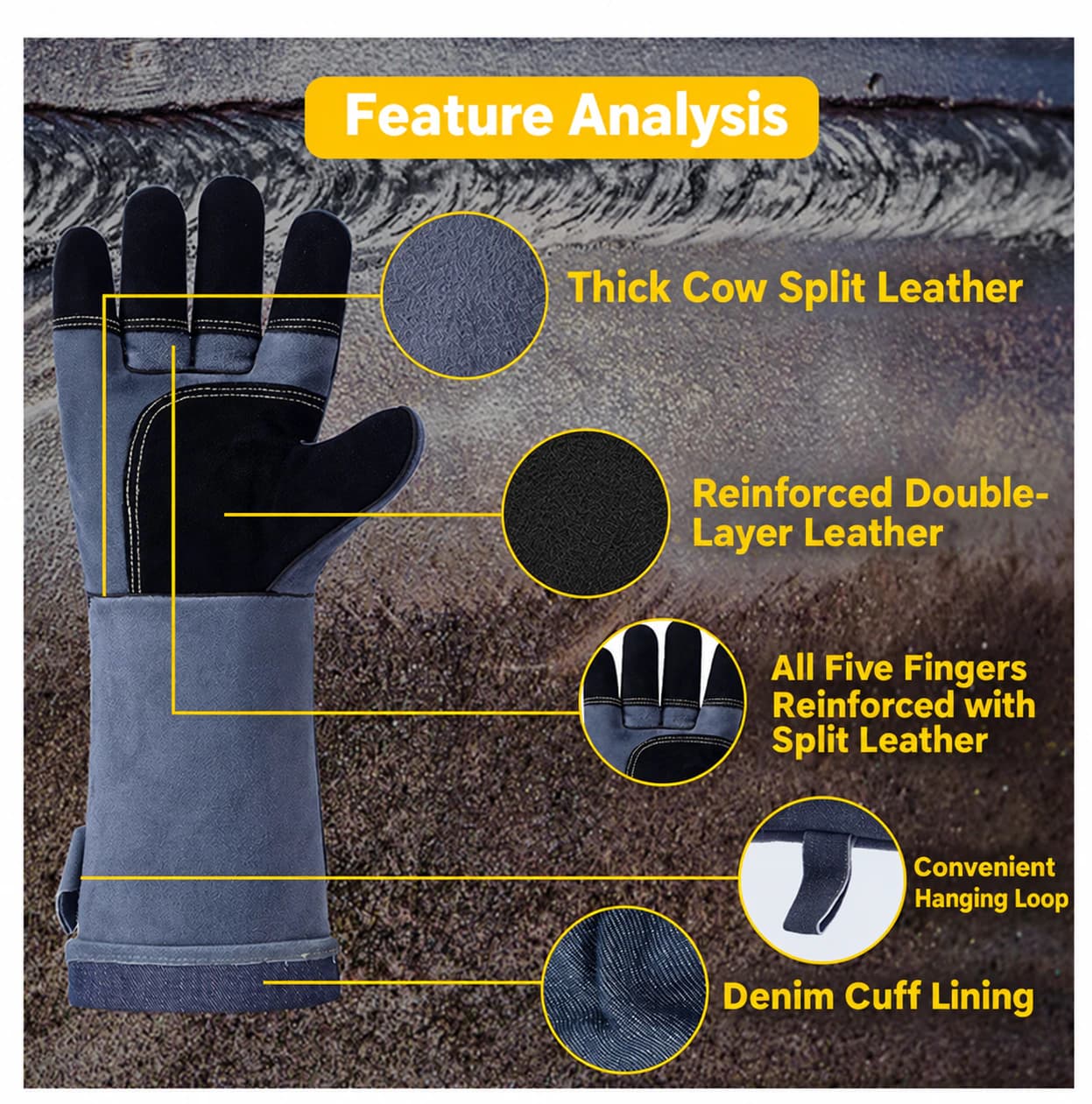 Thick split leather, reinforced palm and finger construction details