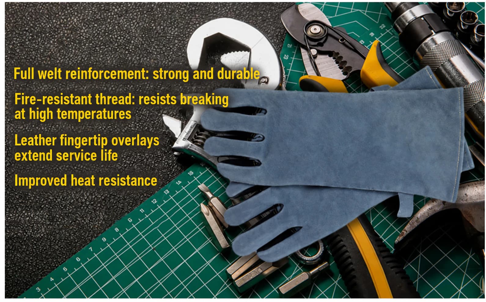 Full welt reinforcement, fire-resistant thread and fingertip overlay details